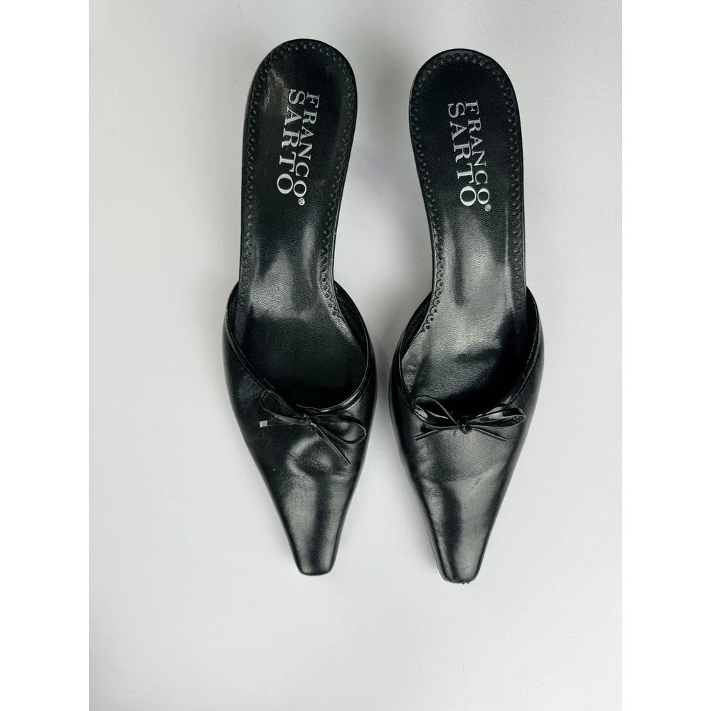 Franco Sarto Black Leather Bow Square Toe Mule Heels Size 8.5M Y2K Balletcore